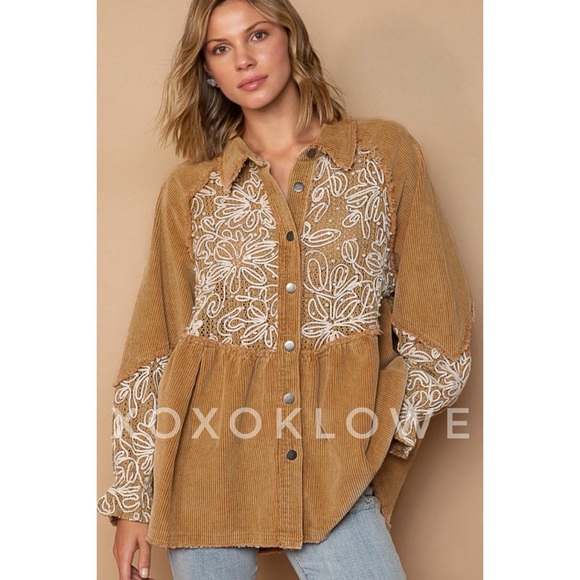 POL Tops - POL Beaded & Floral Embroidered Button Front Corduroy Top Relaxed Fit
